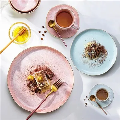 নর্ডিক সিরামিক গোল্ড রিম গোলাপী ডিনার প্লেট